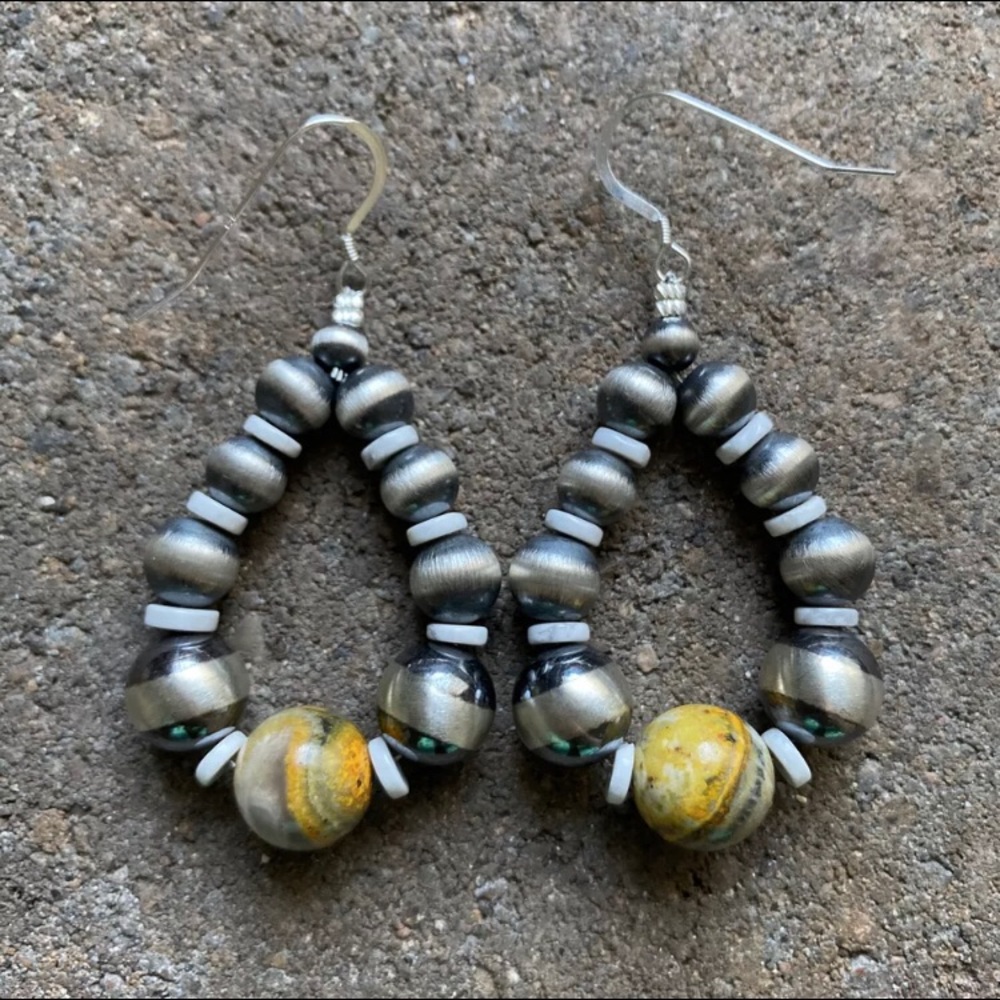 Sterling Silver Bumblebee Jasper Bead Loop Earrin… - image 1